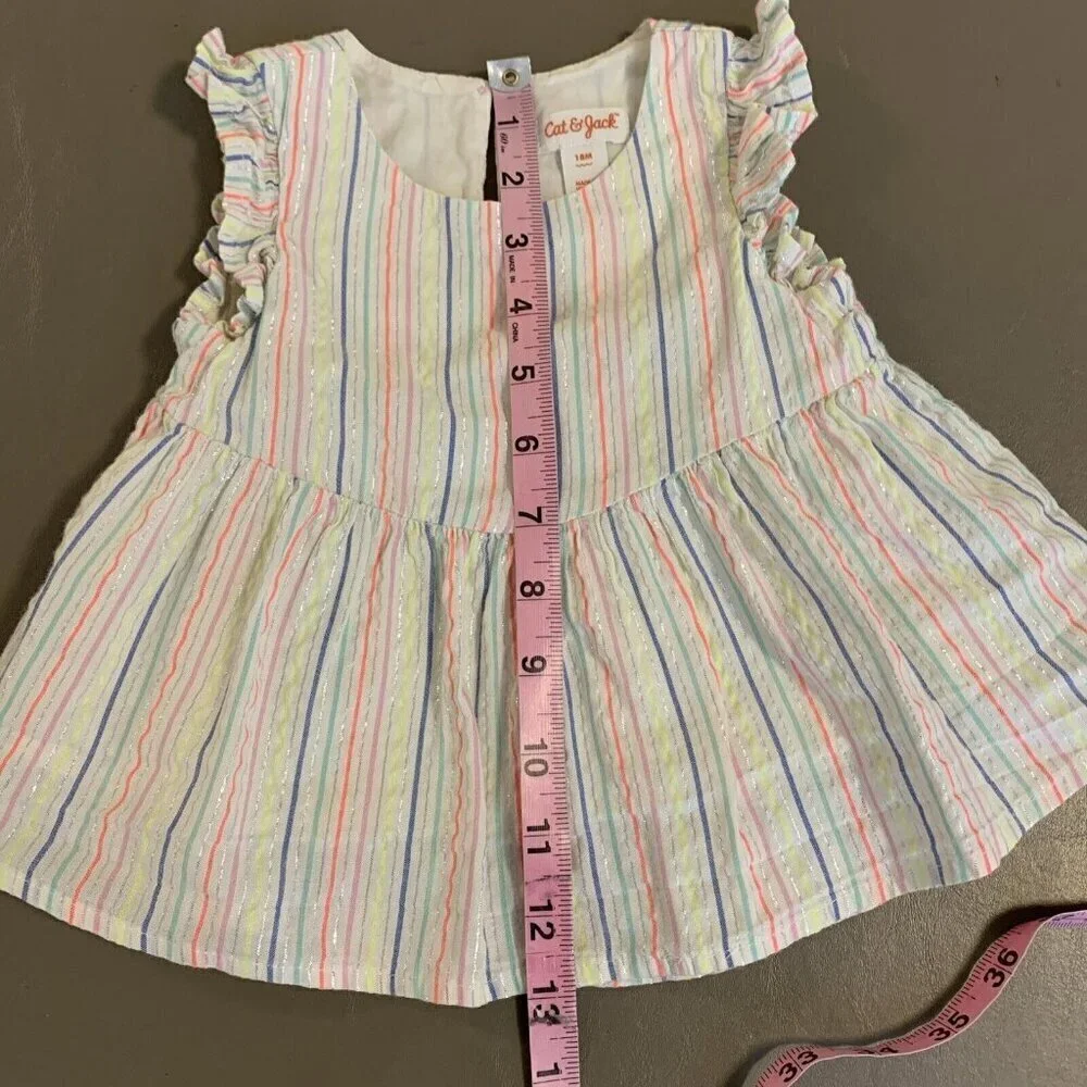 Cat & Jack Neon Stripe Seersucker Ruffle Sleeveless Top White Girls 18 Months